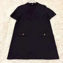 7166 美品✨ZARA モックネック半袖ワンピース L 黒 体型カバー ワイド