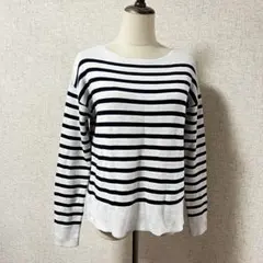 HUMAM WOMAN/ホワイト ボートネック ストライプ 長袖ニット
