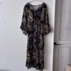 エスニック柄 フレアスリーブ ロングワンピース オーガンジー 春 オシャレ M