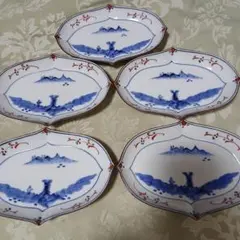 其泉作 染付青海波 高台皿 有田焼 翠泉窯 駒型豆皿 箸置き 箸休め 未