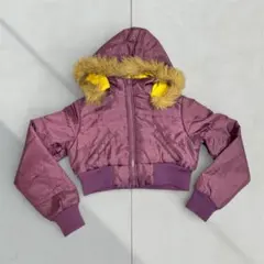 フード付きパープルクロップド丈中綿ジャケット　M
