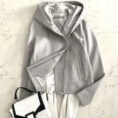 美品 セオリーリュクス 本革ラムレザー フーディーブルゾン グレージュ 38