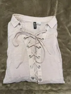 【超美品】H&M＊ピンク編み上げシアーシャツ(長袖)＊送料込・匿名配送