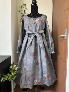 ＊着物リメイク＊ハンドメイド＊長袖ワンピース　正絹　村山大島紬　グレー