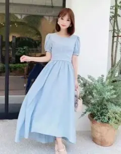 実物画像あり　ミシェルマカロン　パフスリーブロングワンピース（水色・ブルー）