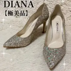 【極美品】DIANA グリッター ポインテッドトゥ フラワーカット シャンパン