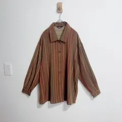 ヴィンテージ　シャツ　ブラウス　マルチストライプシャツ　長袖　茶系
