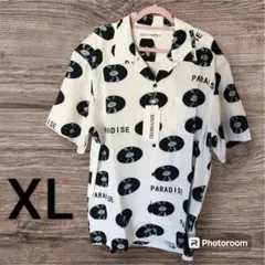ノーブランド　オープンカラーシャツ　XLサイズ　レコード　ホワイト