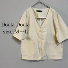 Doula Doulaノーカラージャケット 半袖 リネン風 ナチュラル ベージュ