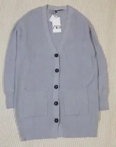 ZARA リブ ニット ロング カーディガン (グレー)