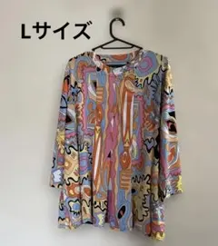 美品【L】伸縮性　レディース　カラフル抽象模様 五分袖チュニック　派手
