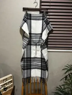 GLOBAL WORK チェック柄フリンジ付きストール・ショール