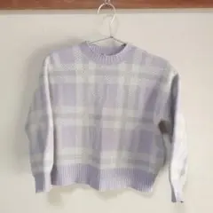 薄紫色 チェック柄 ニットセーター ぽわん袖