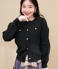 【natural couture】ポリニット金釦ポケ付きカーディガン