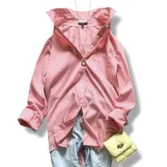 美品◆セオリー ストライプシャツ コットン ナイロン ピンクxホワイト M