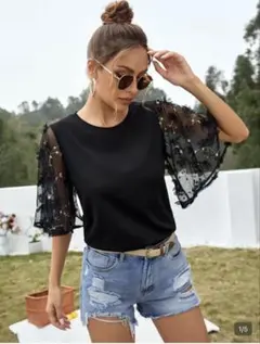 花柄シアー袖トップス ブラック