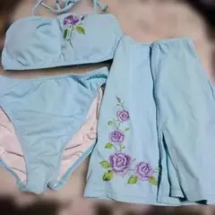 水色バラ刺繍ビキニセット（スカート付き）Мサイズ