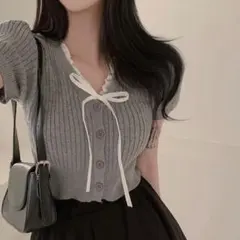 amood フリル ニット カーディガン グレー 半袖