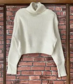 アイボリー タートルネック クロップドセーター ショート丈 リブ編み ニットXL