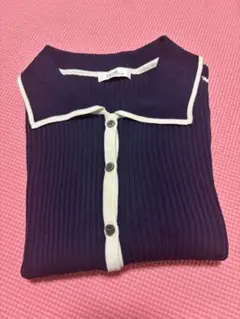 アースミュージックアンドエコロジー　ネイビー 半袖ニット 襟付き