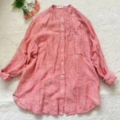 23区×LIBECO 大きいサイズ リネンスキッパーストライプシャツ ピンク