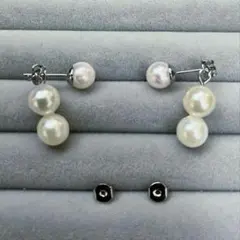 2way あこや真珠ピアス＆双子珠風デザインキャッチ　銀色金具