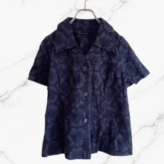半袖シャツブラウス透け感花柄刺繍レースネイビー紺レトロヴィンテージ古着