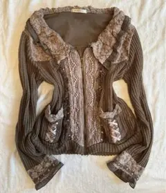 ♩axes femme ふわふわジップカーディガン ニットフリル 編み上げリボン