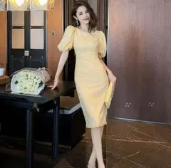 イエローパフスリーブタイトドレス