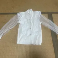 ホワイト レース装飾 シースルー袖 シャツ