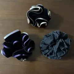 ベロアシュシュ 大人可愛い 髪飾り エレガント 【 ブラック 】3点セット