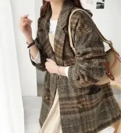 クラシカルエルフ CLASSICAL ELF Pコート【L】チェック 毛混 茶