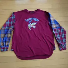 Amina美品 ワインレッド トレーナー袖チェックシャツ