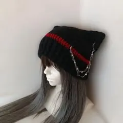 猫耳ニット帽　ハンドメイド　手編み　グランジ　サブカル　y2k　猫耳