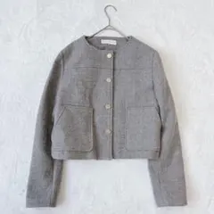 ZARA| ノーカラーツイードジャケット【M】フランネルタッチ 金ボタン グレー