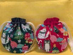 ミニミニ巾着　猫　ネズミ柄　クリスマス