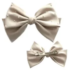 ベージュ パール付き リボンバレッタ