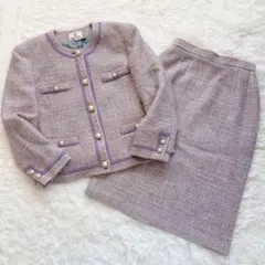 奥*森様 ノーカラージャケット ツイード　セットアップ　ウール　紫　レトロ　9号