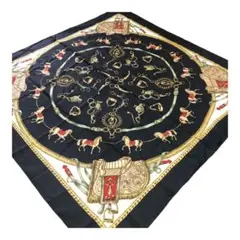 馬と装飾品柄のスカーフ silk100％ 大判スカーフ ブラック