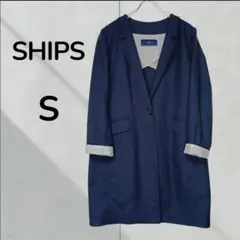 SHIPS シップス ノーカラーコート スプリングコート ネイビー 36 麻混
