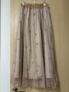 MAJESTICLEGONベージュ チュール刺繍花柄 ロングスカート　Mサイズ