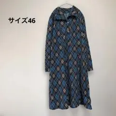 青・茶・白のチェック柄 ロングワンピース ゆったり サイズ46