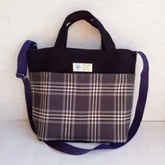 【紺ベロア × チェック】２wayハンドメイドショルダーバッグ