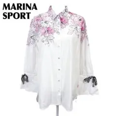 【美品】MARINA SPORT ブラウスシャツ 袖リボン 15 白ピンク 花柄のサムネイル