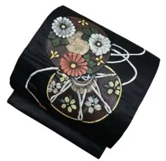 T13-3名古屋帯　レトロ　手描き　花柄　正絹 着物帯　仕立て上がり