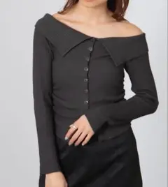 新品　春トップス　前ボタン　襟付きニット　オフショルカットソー　薄手リブニット