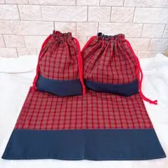 No.212青×チェック/給食袋3点セット/コップ袋/お弁当袋/ランチマット