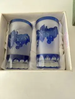 青色葉模様ガラスコップ2個セット