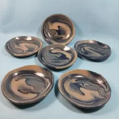 手作り ガラス 皿 5枚セット 金彩 焦げ茶 渦巻き柄 銘々皿 ベネチアン