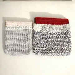 バネ式　かぎ針編みポーチ2個セット（赤・グレー）